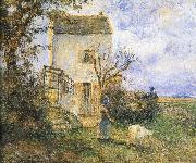 Farmhouse in front of women and sheep